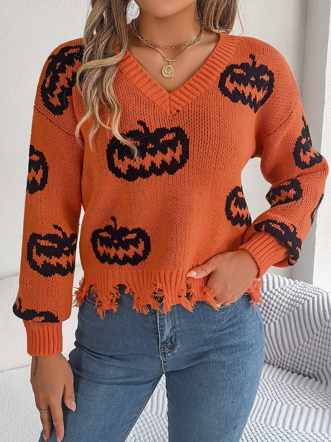 Halloween Pumpkin Pattern Raw Hem V - Neck Sweater - StyleLure