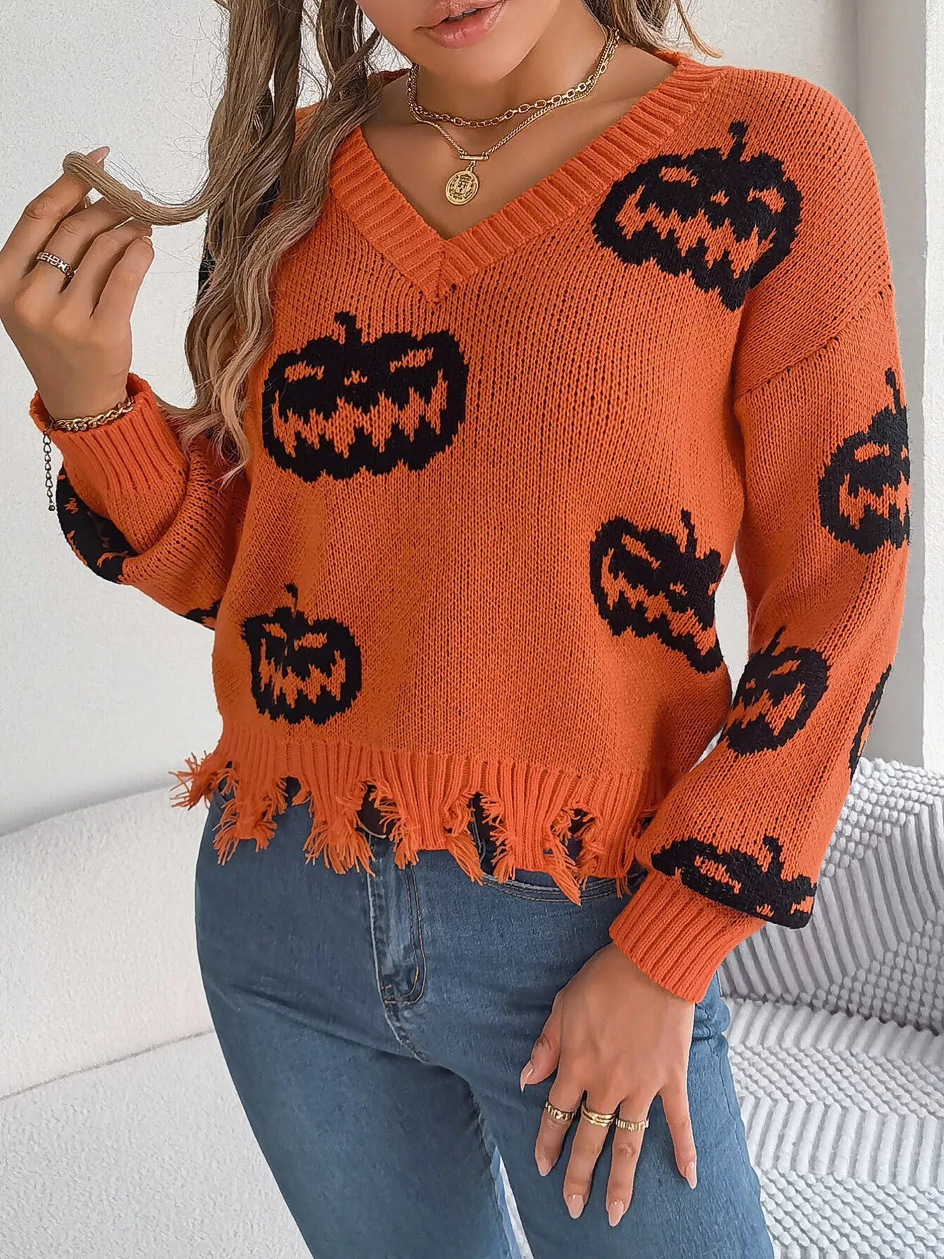 Halloween Pumpkin Pattern Raw Hem V - Neck Sweater - StyleLure