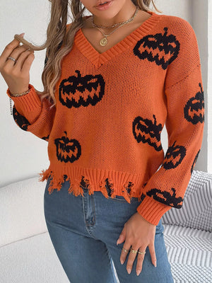 Halloween Pumpkin Pattern Raw Hem V - Neck Sweater - StyleLure