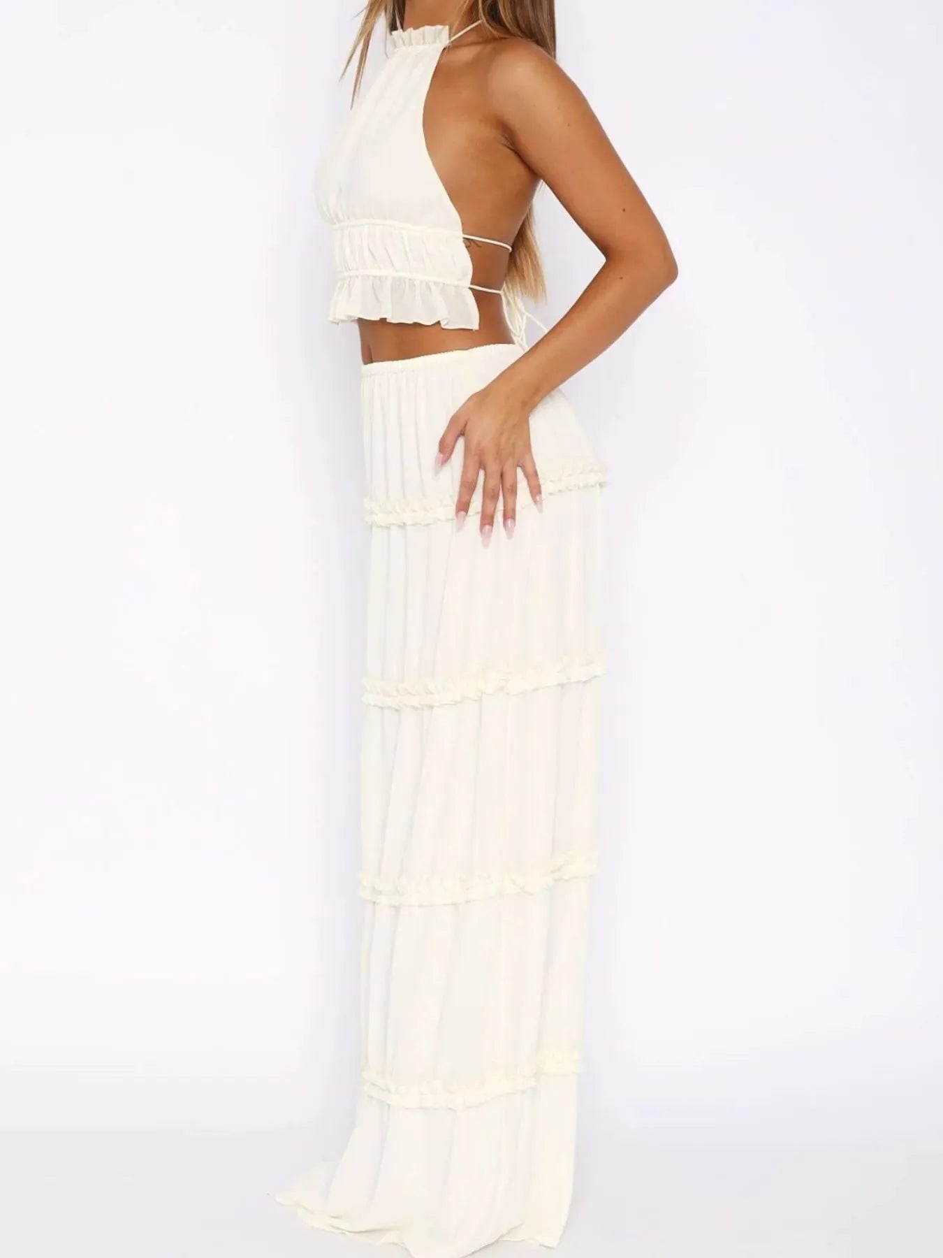 Halter Crop Backless Top and Maxi Skirt Set - StyleLure