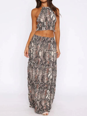 Halter Crop Backless Top and Maxi Skirt Set - StyleLure
