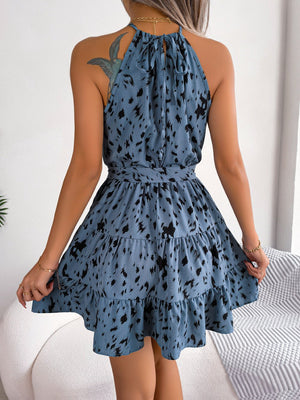 Halter Neck Printed Tie Waist Sleeveless Mini Dress - StyleLure