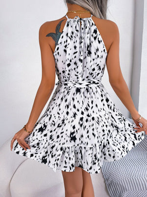Halter Neck Printed Tie Waist Sleeveless Mini Dress - StyleLure