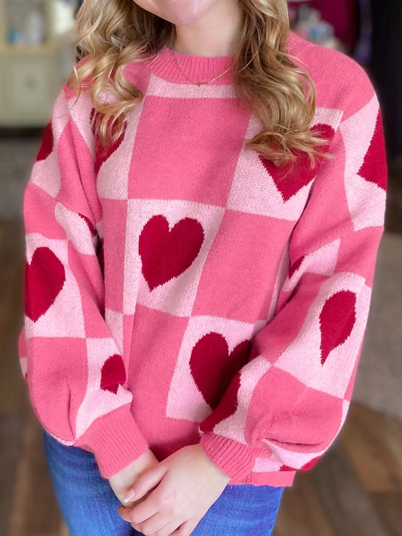 Heart Pattern Checkered Round Neck Sweater - StyleLure