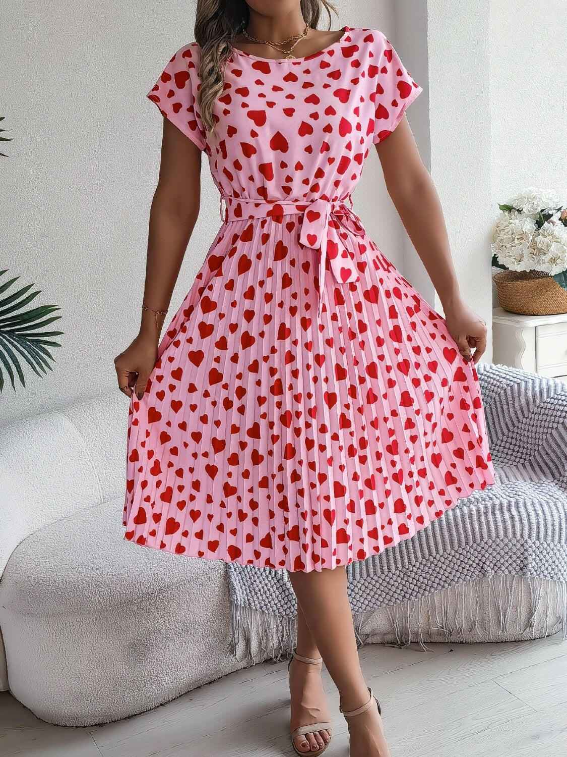 Heart Print Short Sleeve Tie Waist Dress - StyleLure
