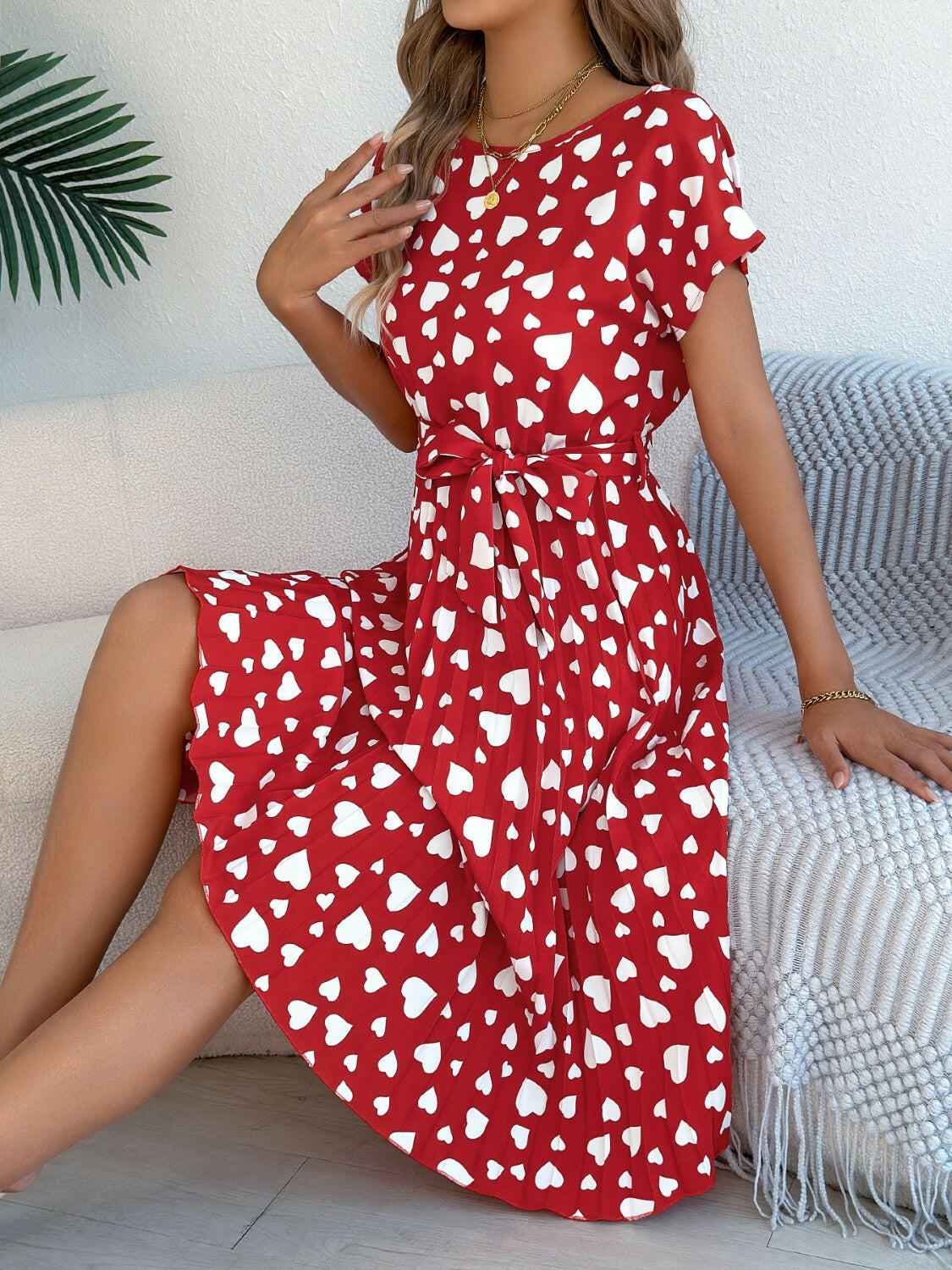 Heart Print Short Sleeve Tie Waist Dress - StyleLure
