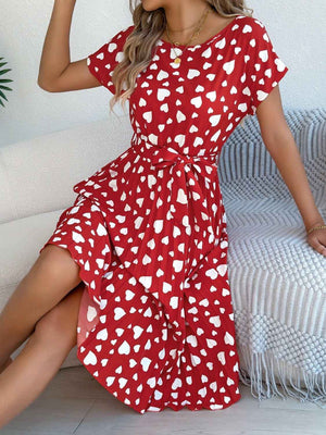 Heart Print Short Sleeve Tie Waist Dress - StyleLure