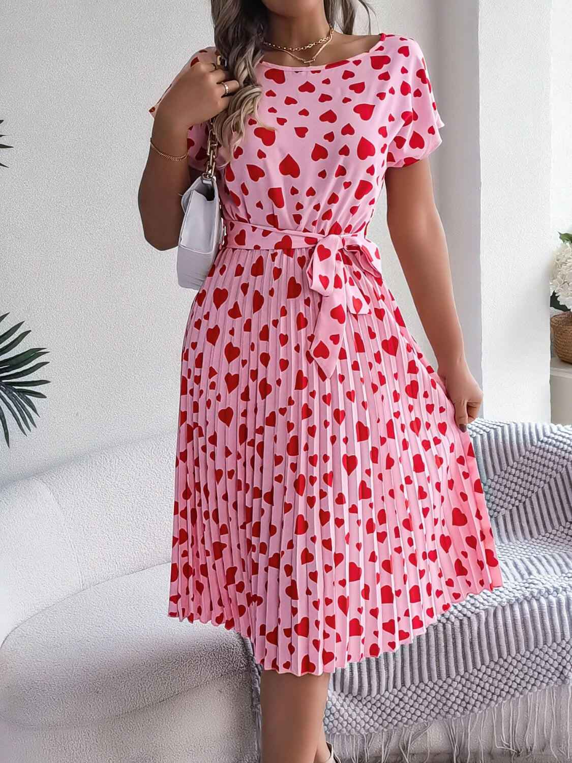 Heart Print Short Sleeve Tie Waist Dress - StyleLure