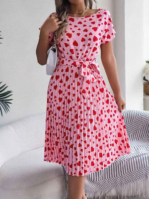 Heart Print Short Sleeve Tie Waist Dress - StyleLure