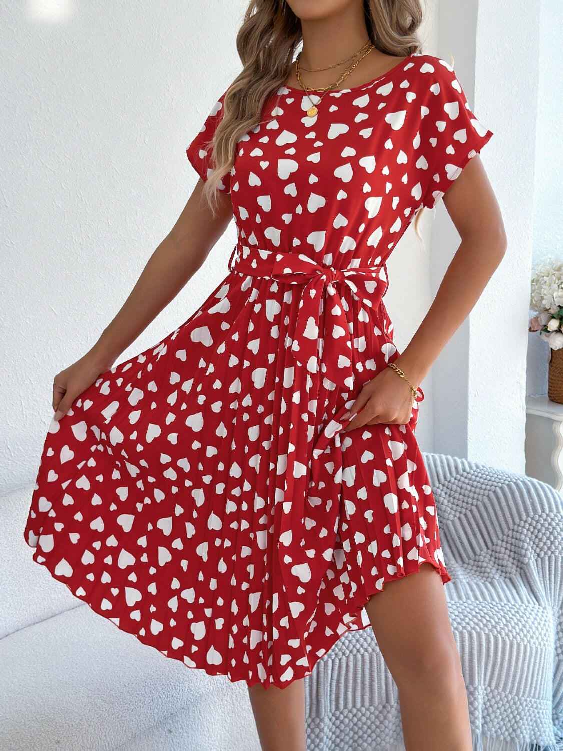 Heart Print Short Sleeve Tie Waist Dress - StyleLure