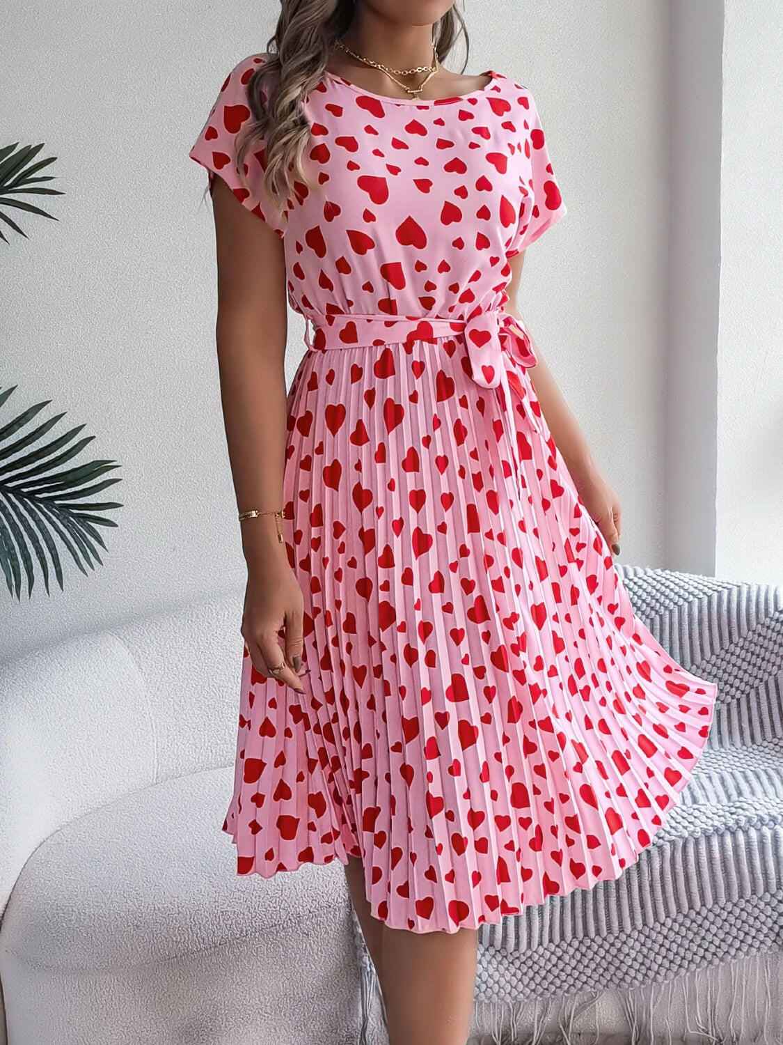 Heart Print Short Sleeve Tie Waist Dress - StyleLure
