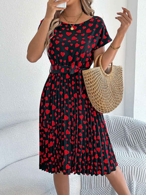 Heart Print Short Sleeve Tie Waist Dress - StyleLure