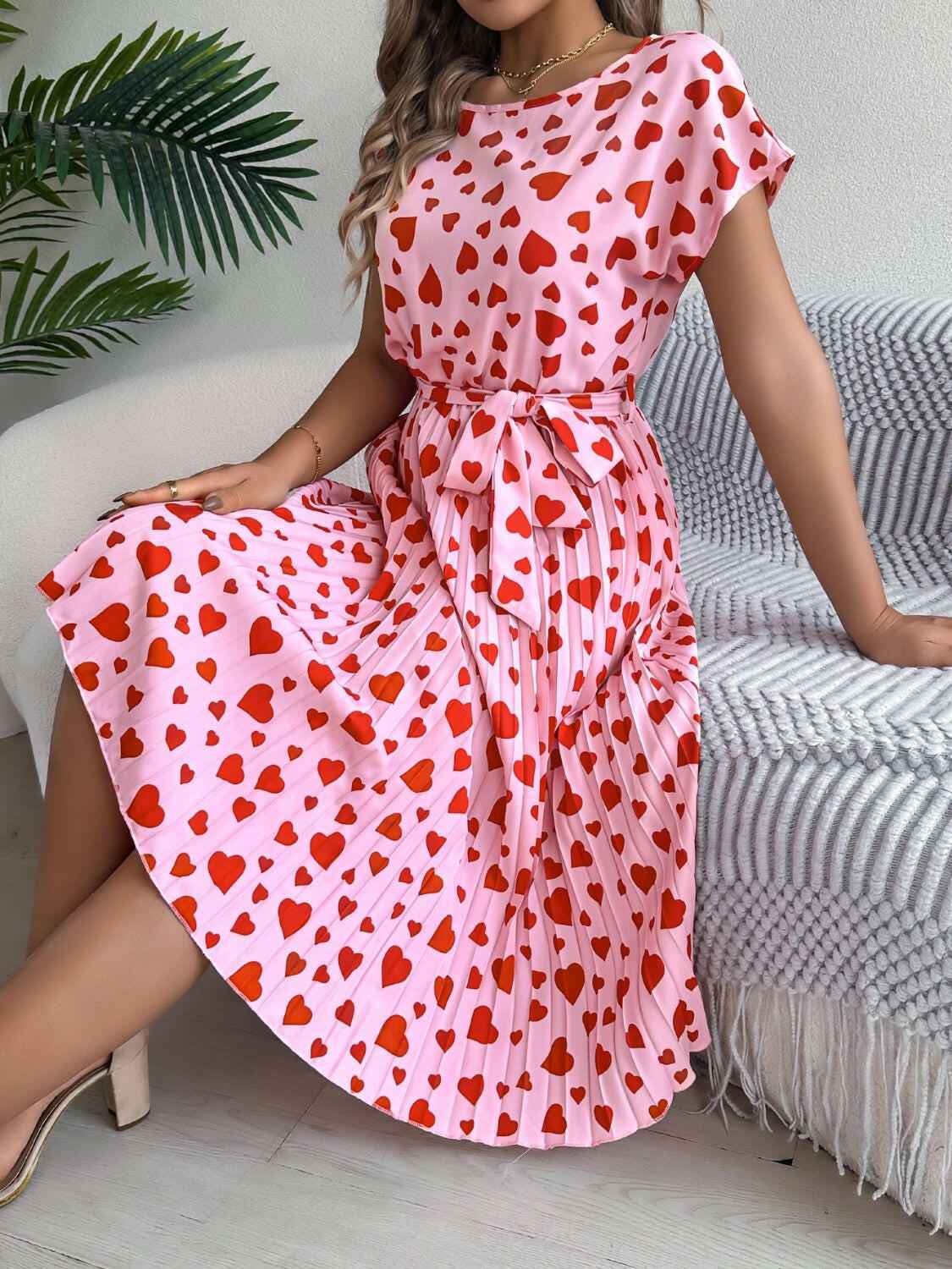 Heart Print Short Sleeve Tie Waist Dress - StyleLure