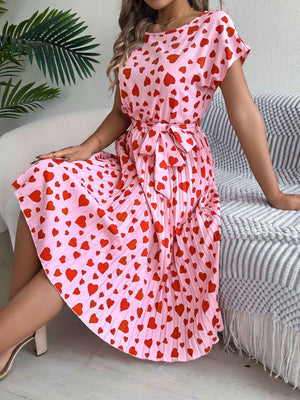 Heart Print Short Sleeve Tie Waist Dress - StyleLure
