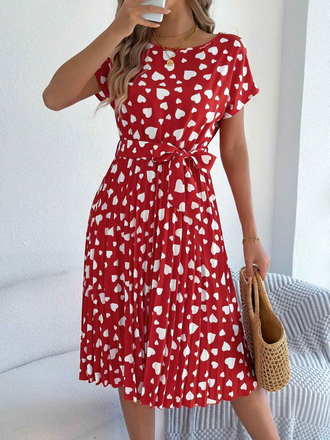 Heart Print Short Sleeve Tie Waist Dress - StyleLure