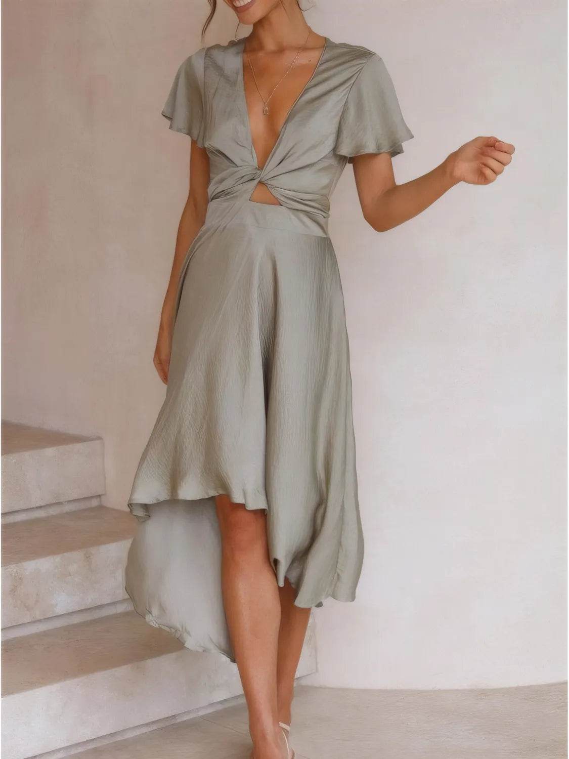 High - Low Plunge Flutter Sleeve Dress - StyleLure