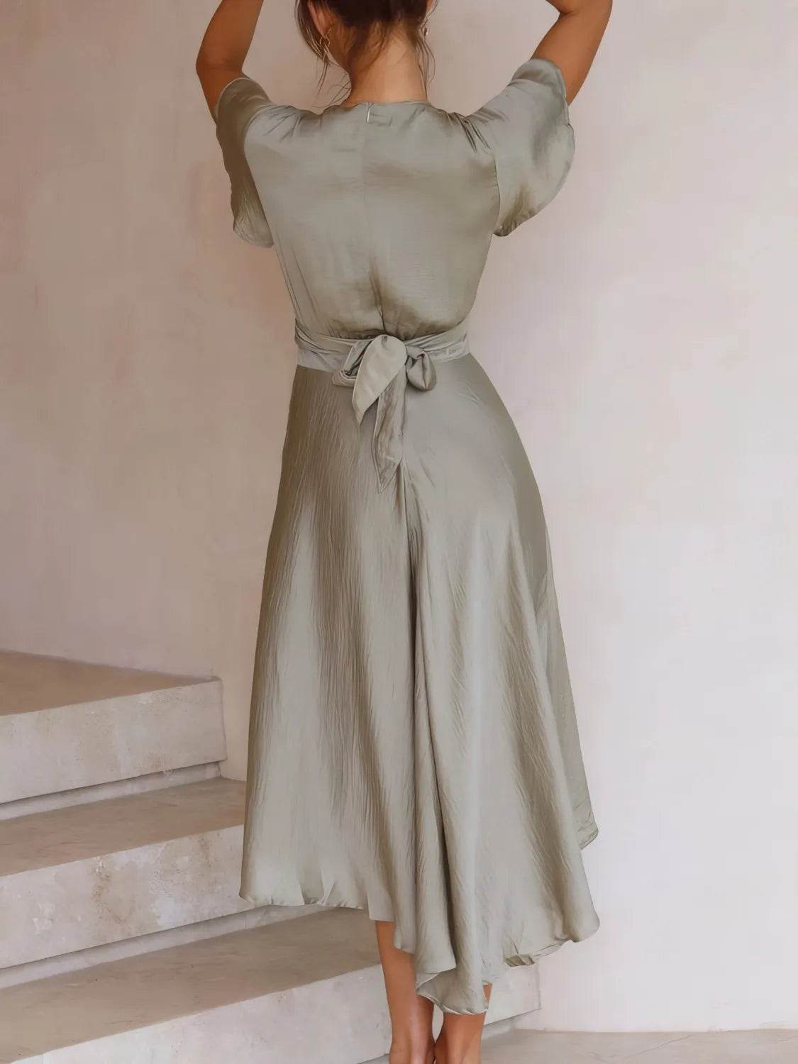 High - Low Plunge Flutter Sleeve Dress - StyleLure