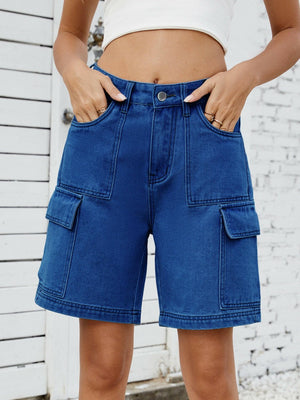 High Waist Denim Shorts with Cargo Pockets - StyleLure