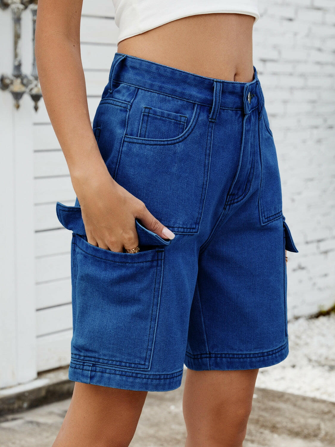 High Waist Denim Shorts with Cargo Pockets - StyleLure