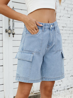 High Waist Denim Shorts with Cargo Pockets - StyleLure