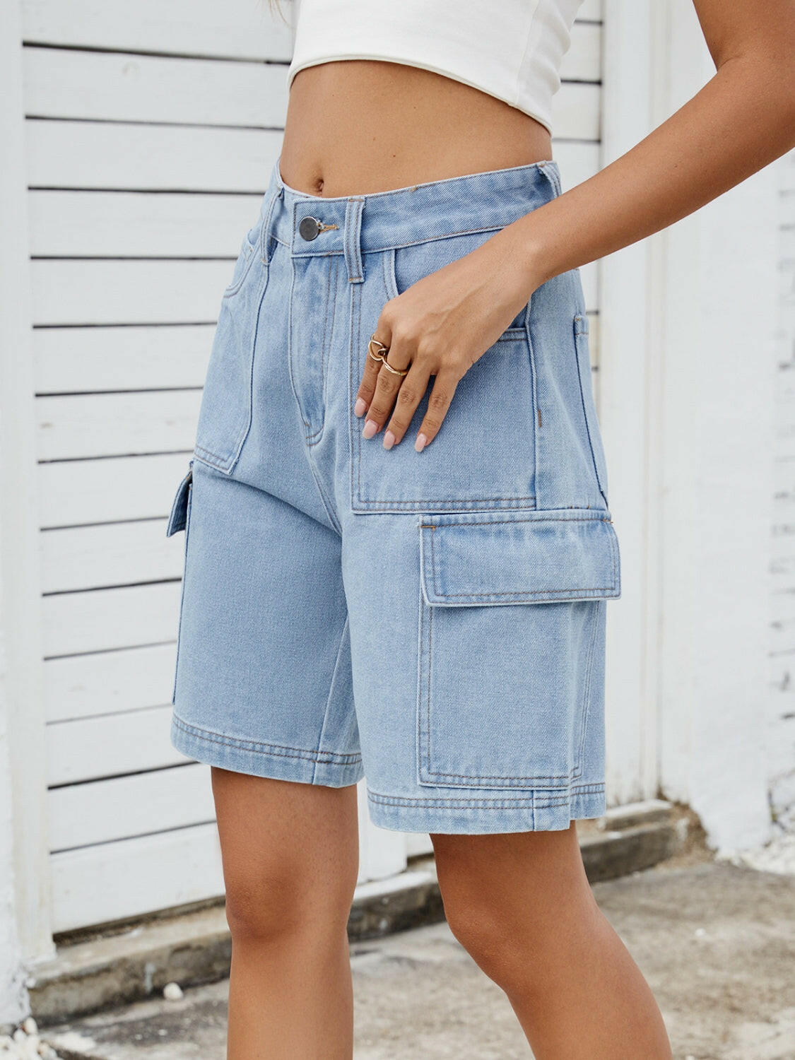 High Waist Denim Shorts with Cargo Pockets - StyleLure
