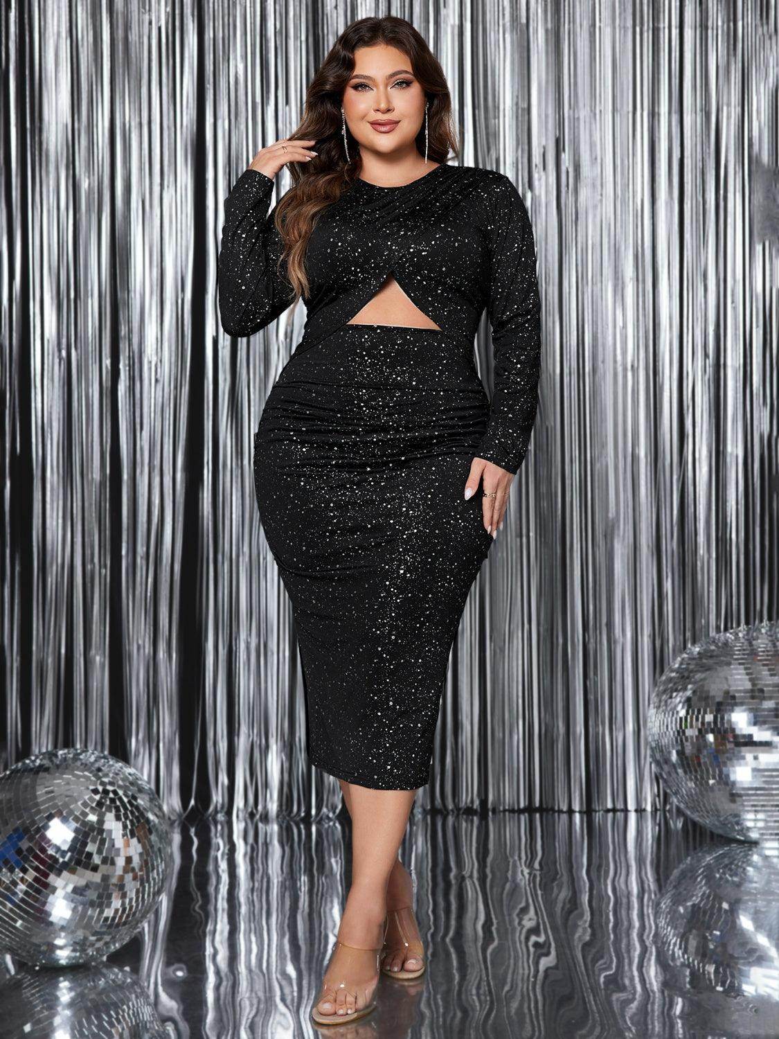 Honey Plus Size Cutout Slit Round Neck Long Sleeve Dress - StyleLure