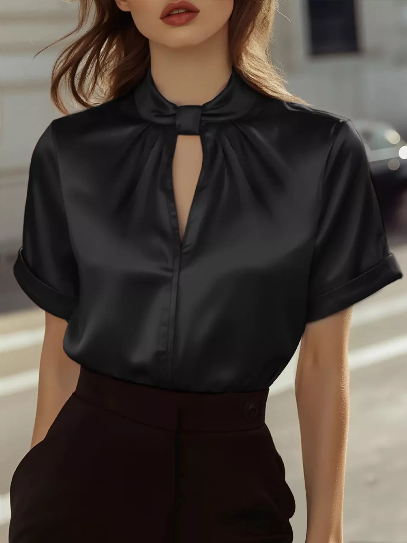 Keyhole Neck Satin Short Sleeve Blouse - StyleLure