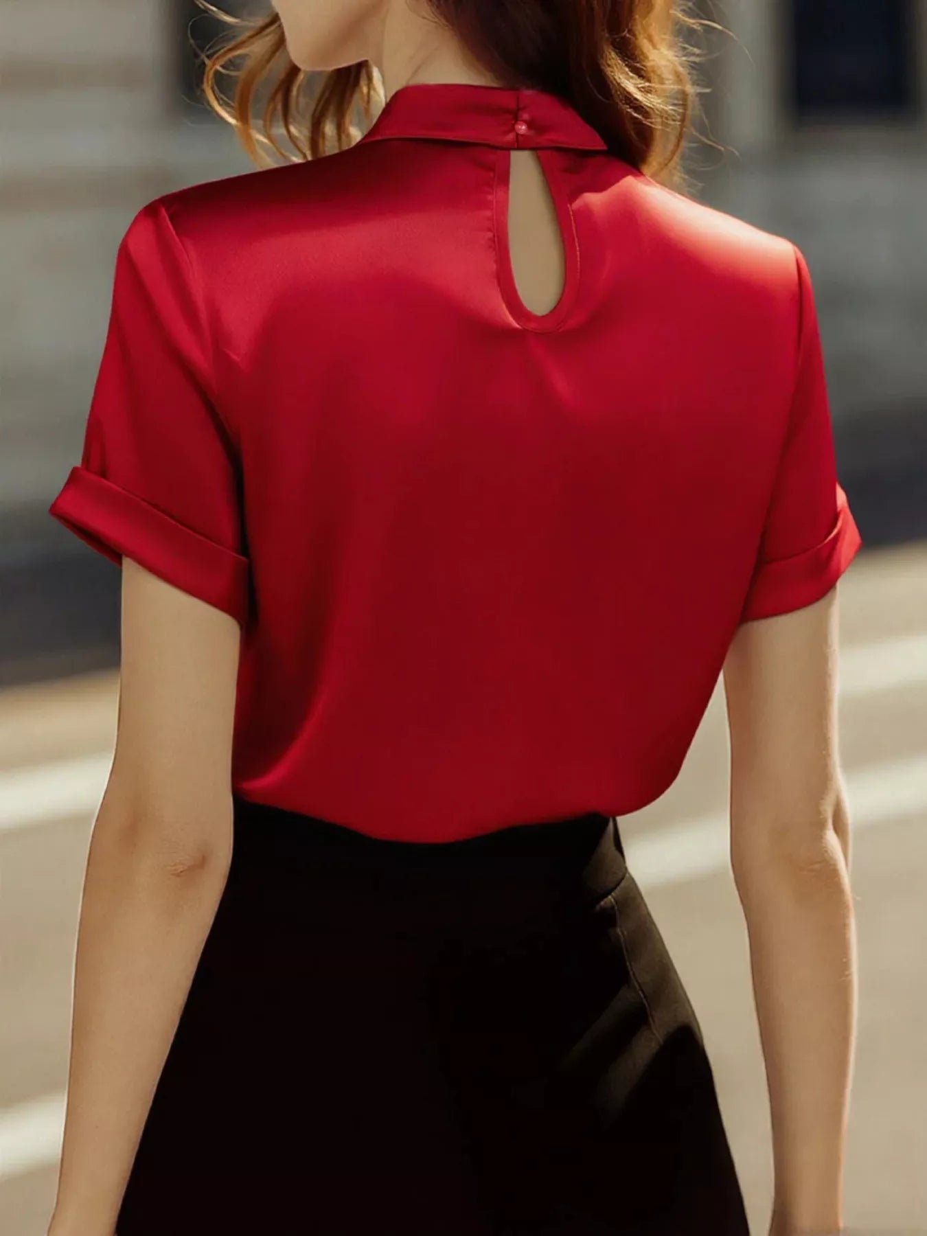 Keyhole Neck Satin Short Sleeve Blouse - StyleLure