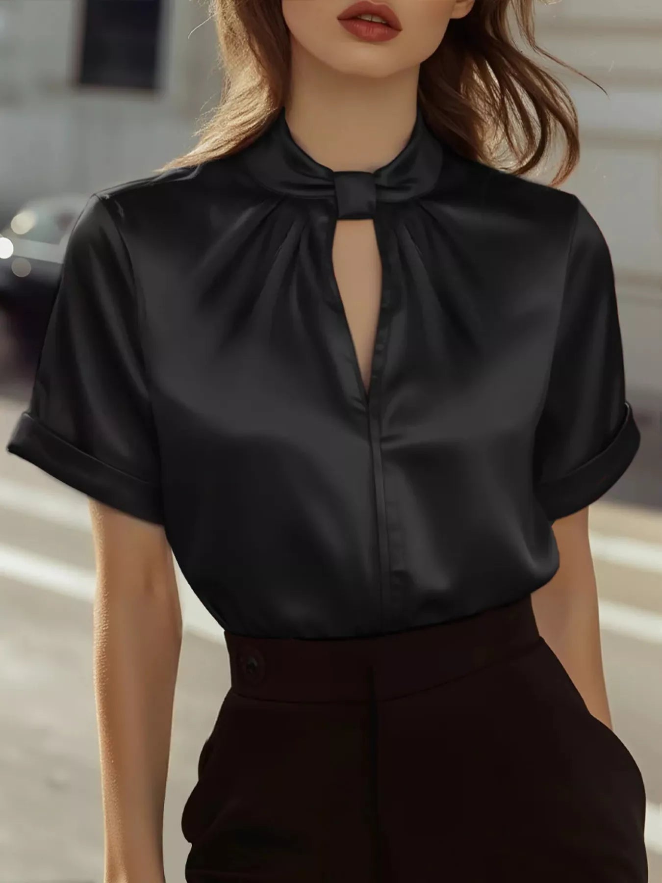 Keyhole Neck Satin Short Sleeve Blouse - StyleLure