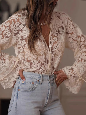 Lace Button Up Long Sleeve Shirt - StyleLure