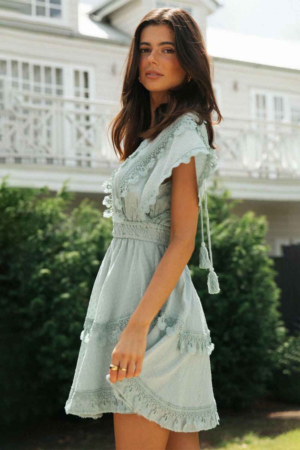 Lace Detail Plunge Short Sleeve Mini Dress - StyleLure