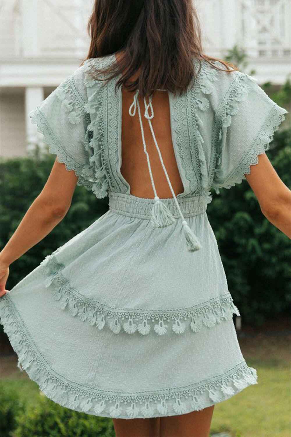 Lace Detail Plunge Short Sleeve Mini Dress - StyleLure