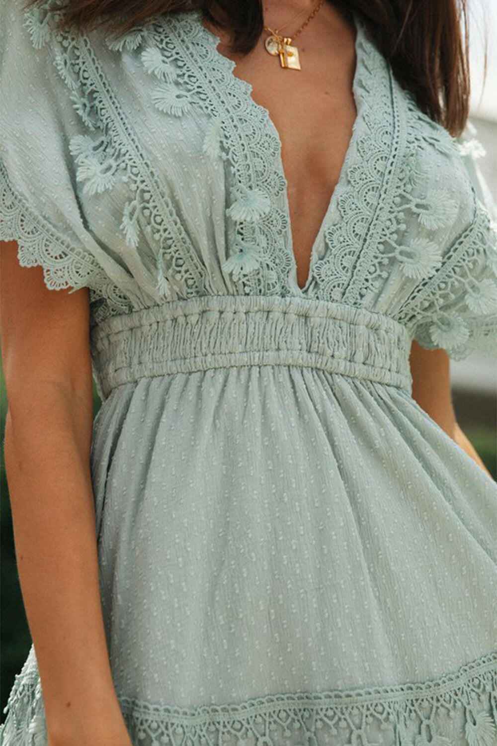 Lace Detail Plunge Short Sleeve Mini Dress - StyleLure