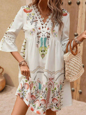 Lace Detail Printed Three - Quarter Sleeve Dress - StyleLure