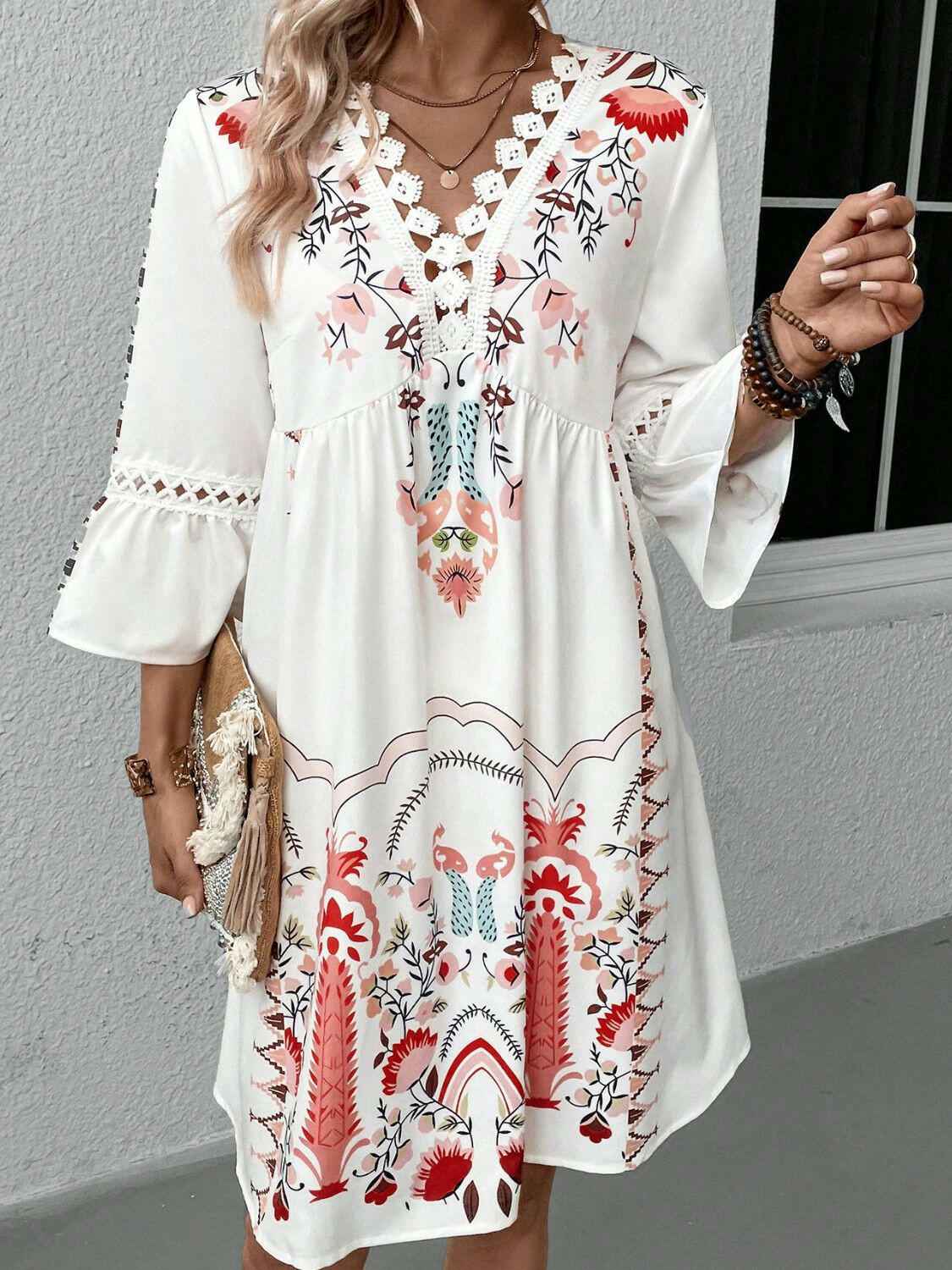 Lace Detail Printed Three - Quarter Sleeve Dress - StyleLure