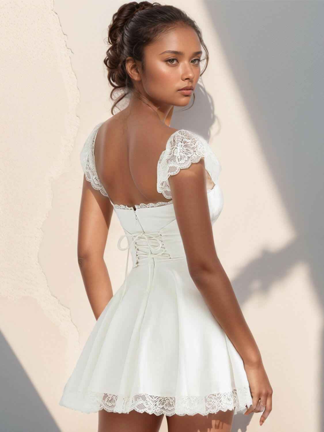 Lace Detail Square Neck Cap Sleeve Mini Dress - StyleLure