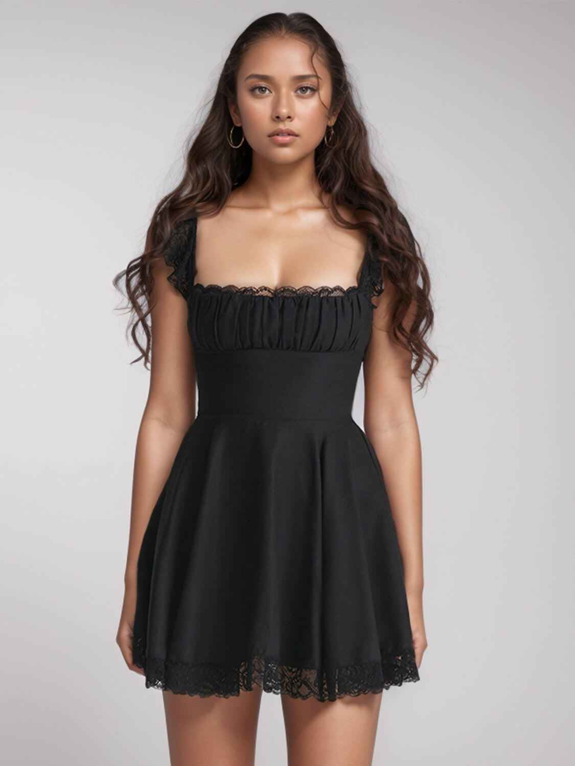 Lace Detail Square Neck Cap Sleeve Mini Dress - StyleLure