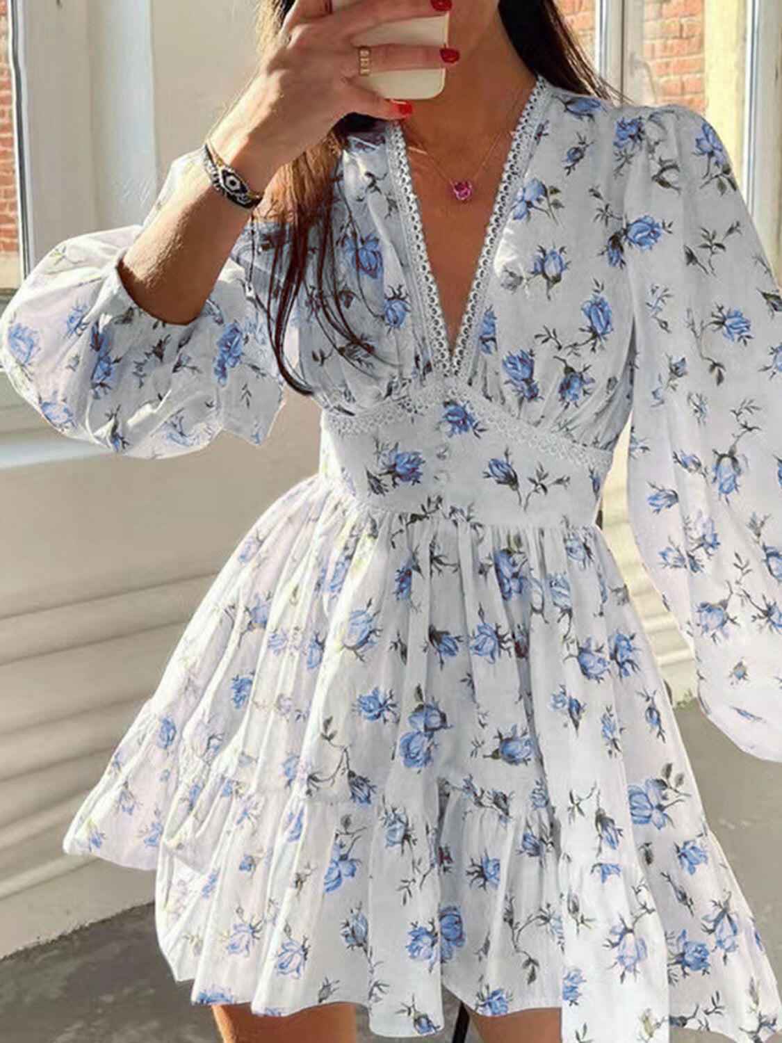 Lace Detail V - Neck Balloon Sleeve Dress - StyleLure