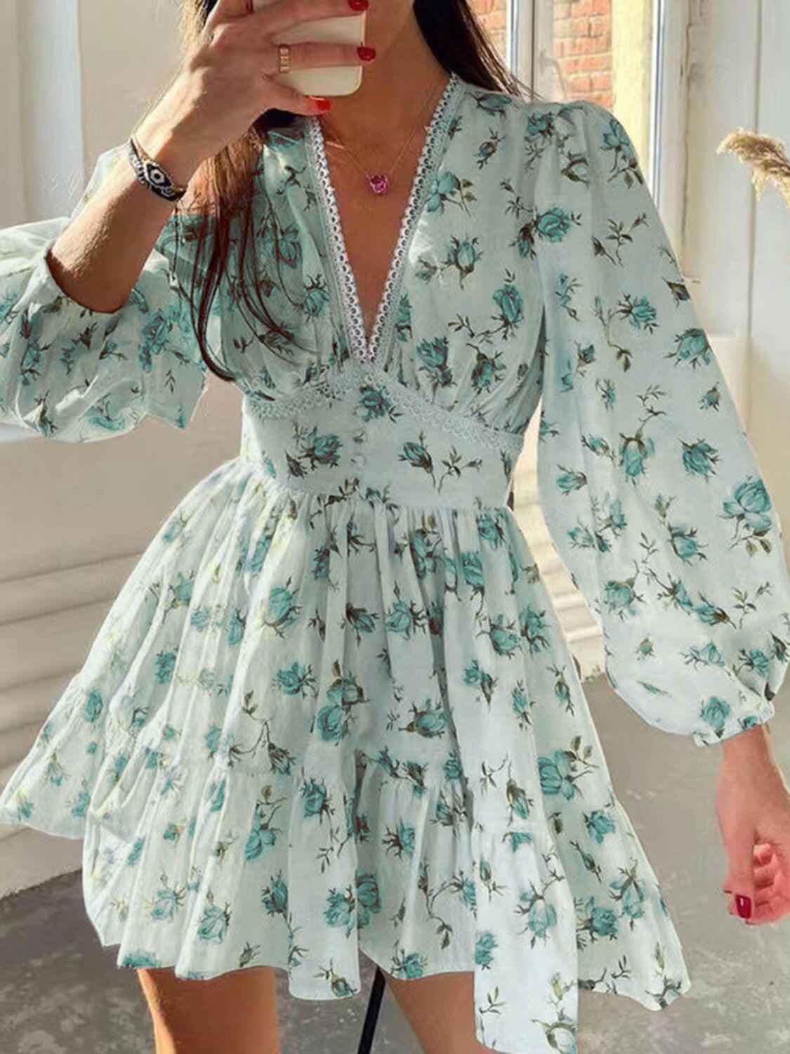 Lace Detail V - Neck Balloon Sleeve Dress - StyleLure