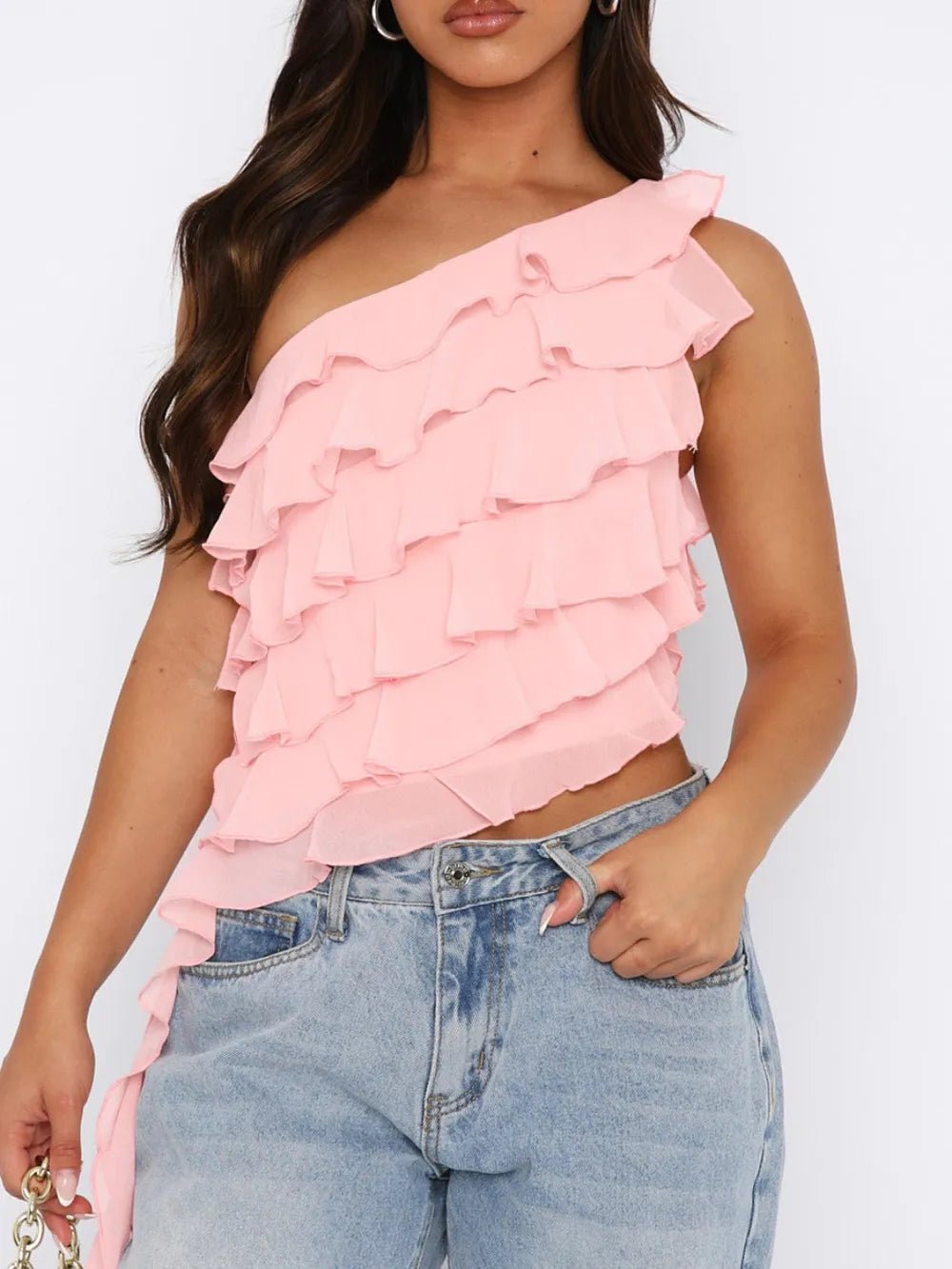 Layered Ruffled One Shoulder Tank - StyleLure