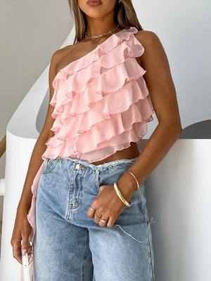 Layered Ruffled One Shoulder Tank - StyleLure