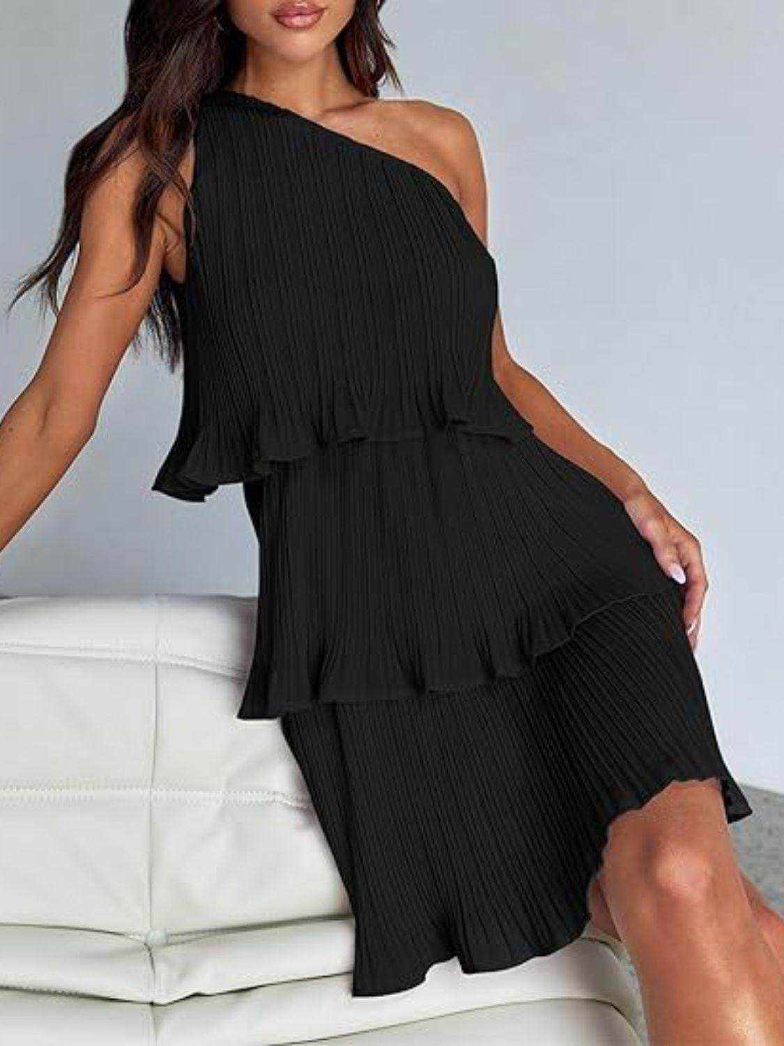 Layered Single Shoulder Mini Dress - StyleLure