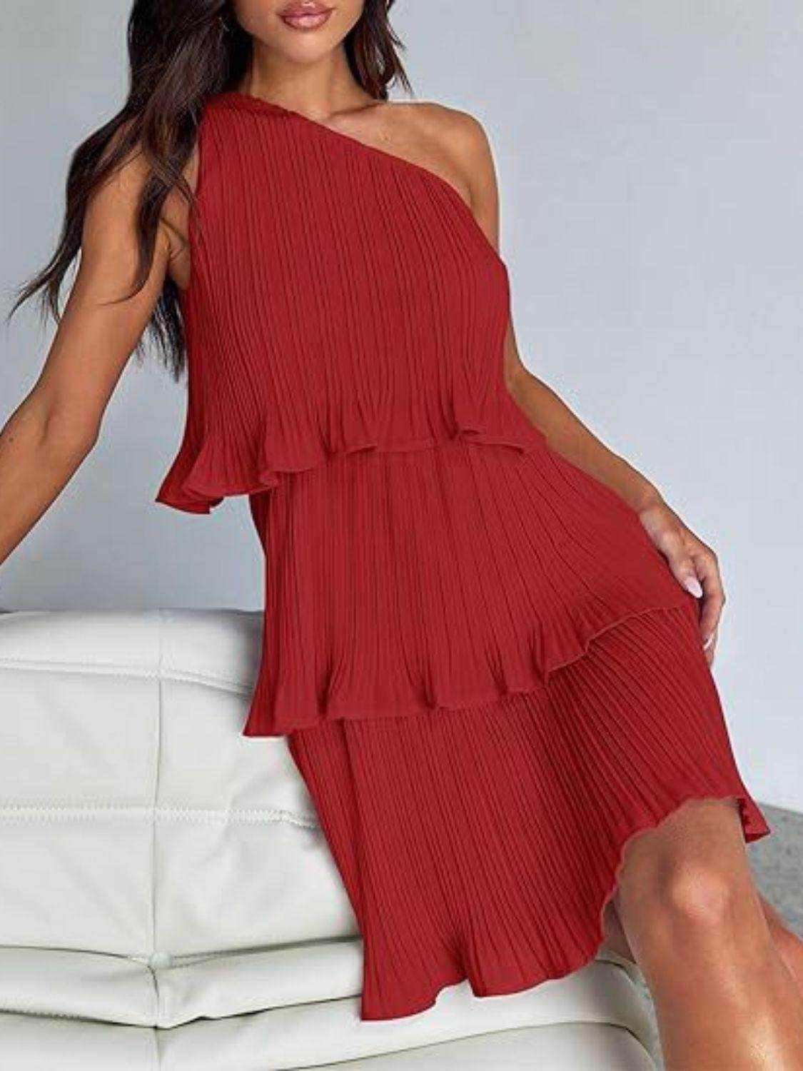 Layered Single Shoulder Mini Dress - StyleLure