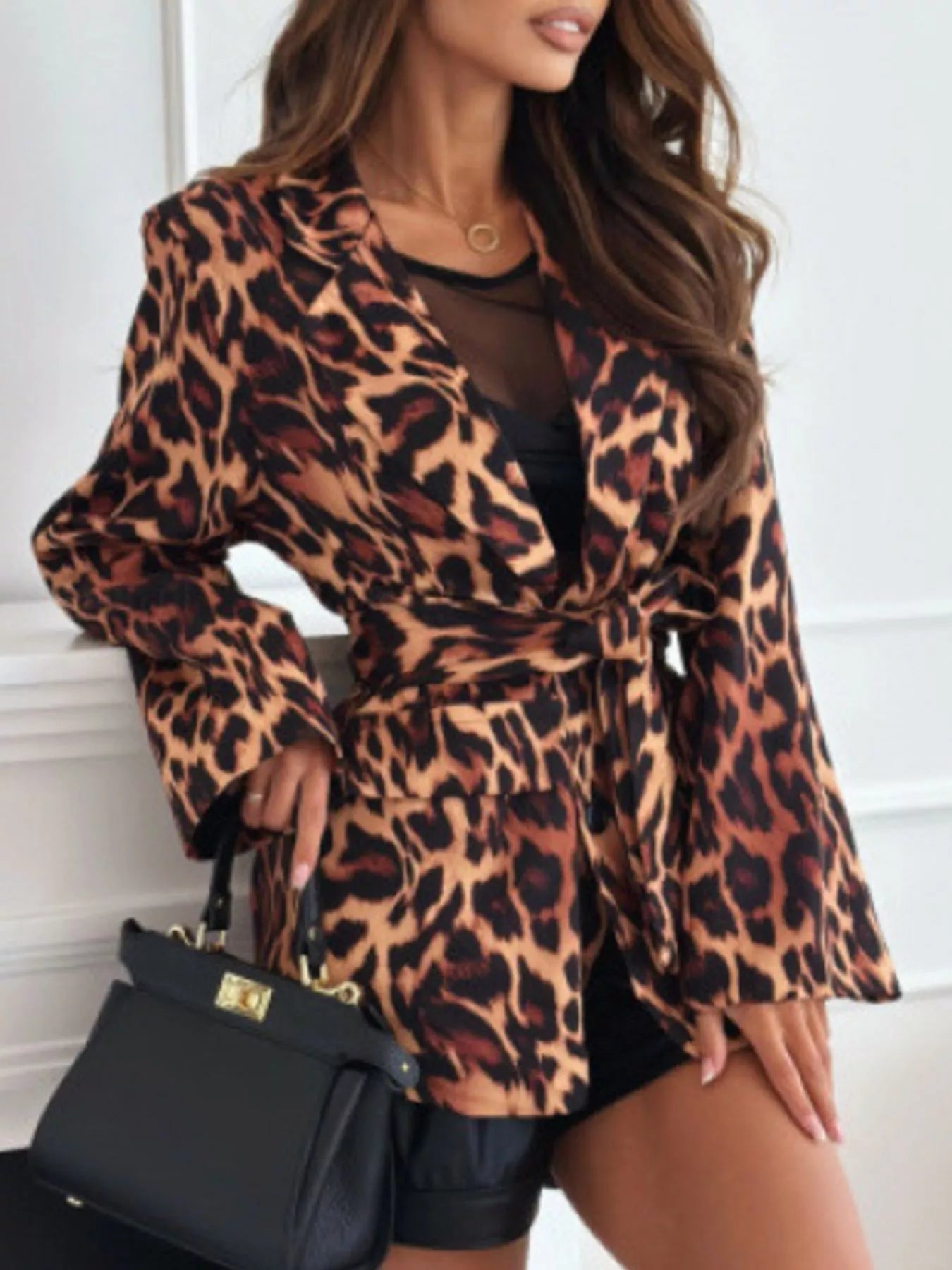 Leopard Print Tie Waist Blazer - StyleLure