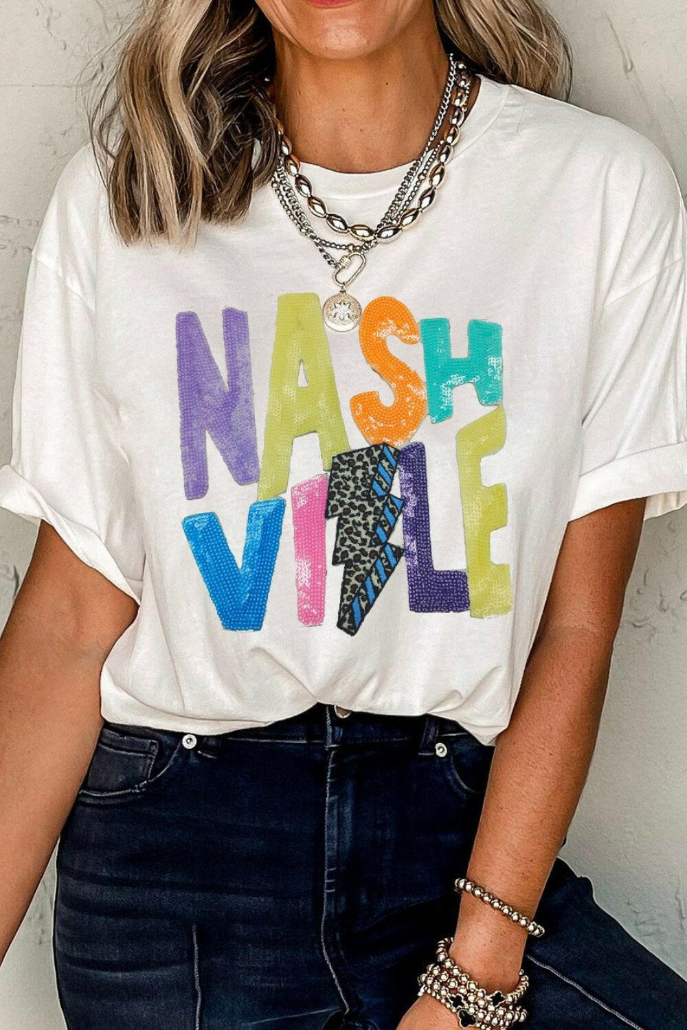 Lightening NASHVILLE Sequin Round Neck T-Shirt - StyleLure