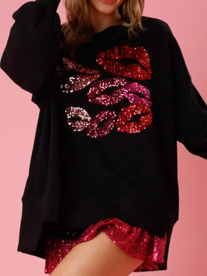 Lips Round Neck Dropped Shoulder Sweatshirt - StyleLure