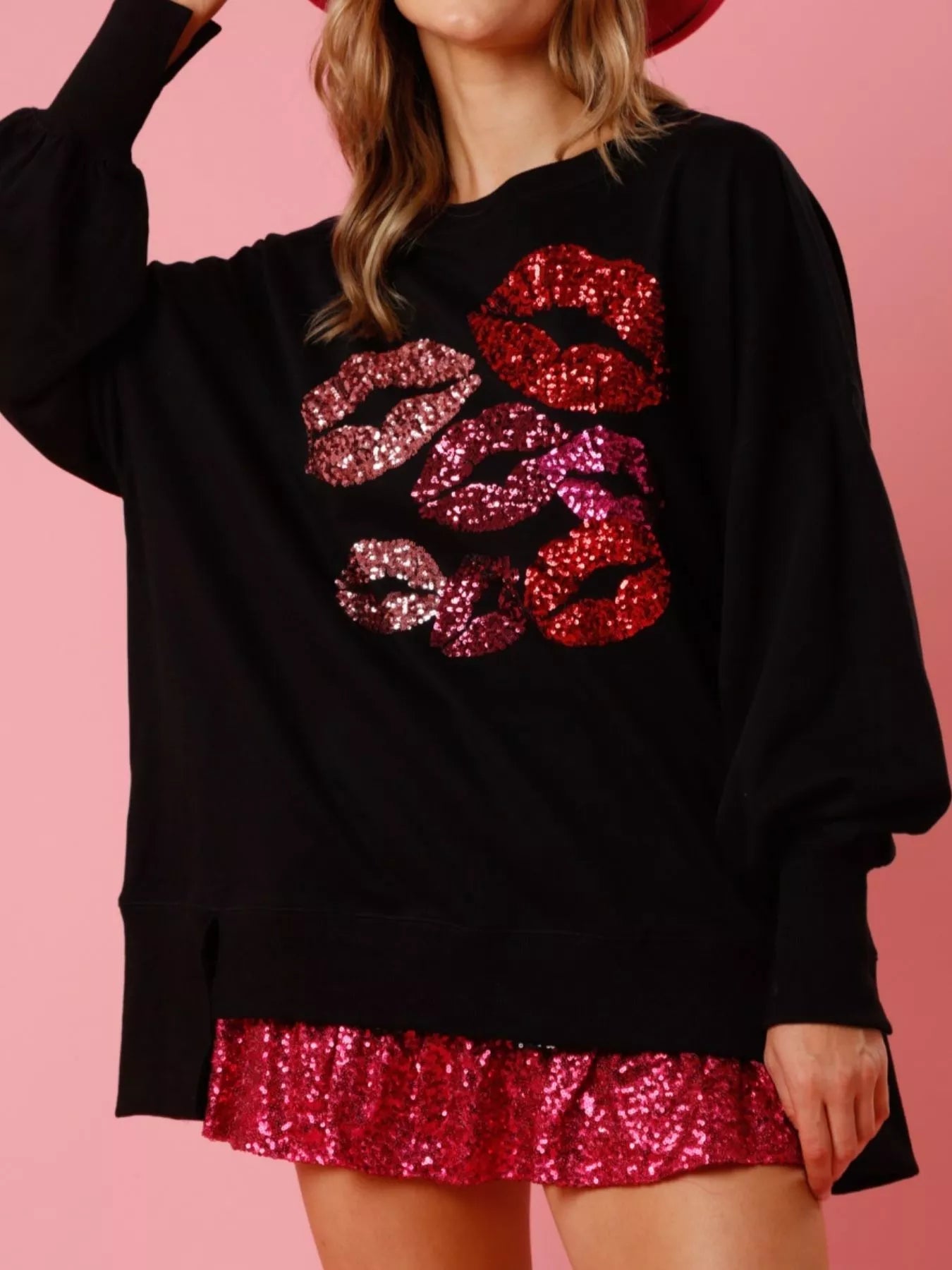 Lips Round Neck Dropped Shoulder Sweatshirt - StyleLure