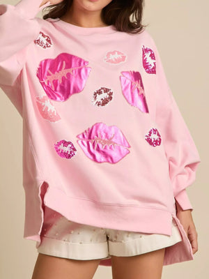 Lips Round Neck Dropped Shoulder Sweatshirt - StyleLure