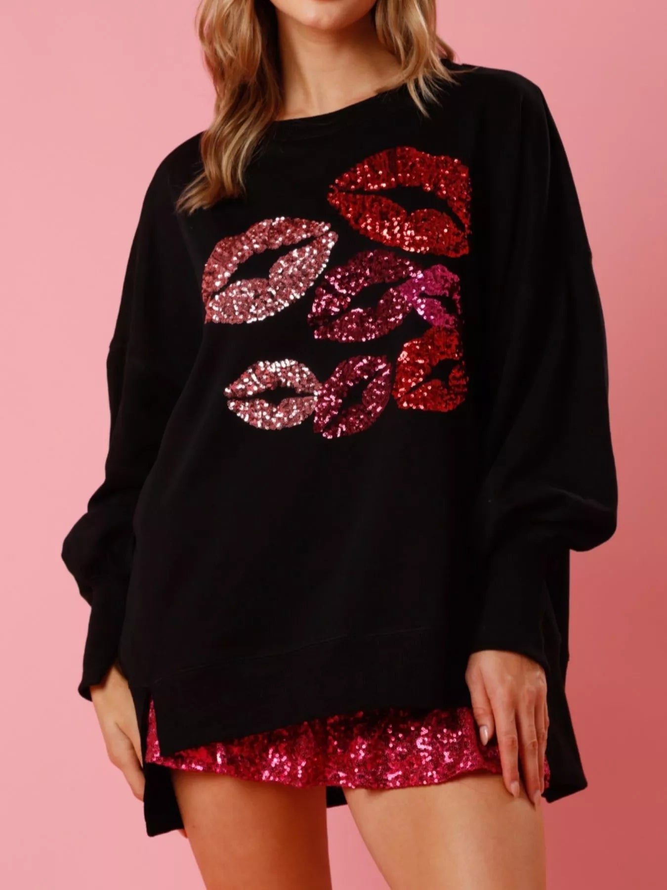 Lips Round Neck Dropped Shoulder Sweatshirt - StyleLure