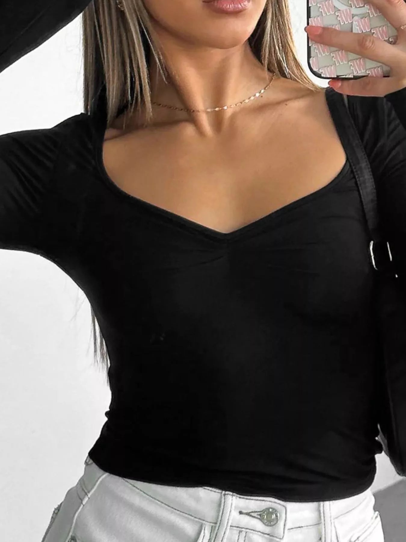 Long Sleeve Sweetheart Neck Crop T-Shirt - StyleLure